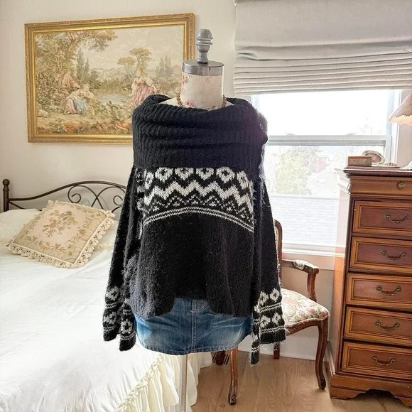 Boho sweater pink republic medium black knit fair isle sweater cozy - Picture 3 of 6